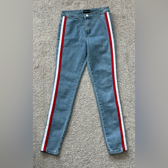 NWOT PrettyLittleThing Mid Wash Multi Sport Stripe Straight Leg Jeans Size 2 - Picture 3 of 7